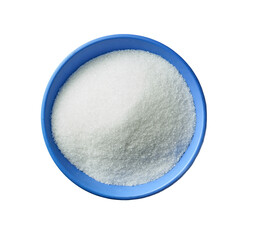 Blue bowl heaped with white granulated sugar, isolated on white background. Communicates sweetness as an ingredient and raises nutrition awareness for baking recipes, food industry visuals