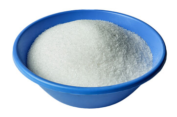Side view of a blue bowl filled with white granulated sugar, isolated on white background. A clear...