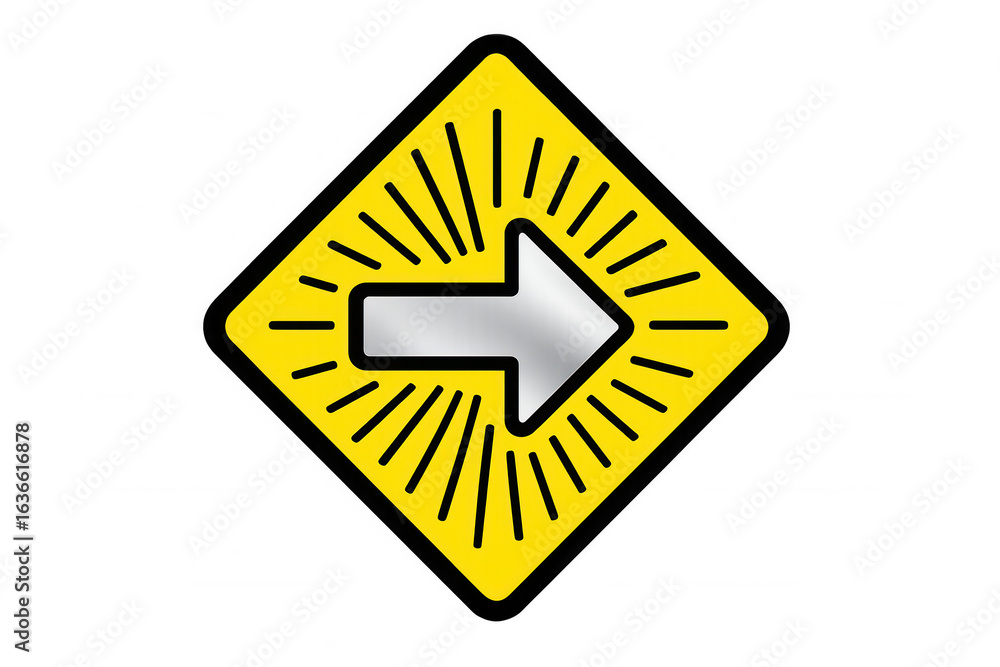 Poster silver arrow pointing right in yellow diamond shape with sunburst effect on transparent background, 