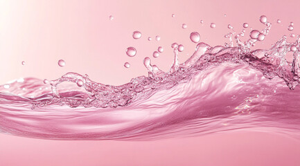 A vibrant splash of clear water creates a dynamic wave and delicate droplets on a calm, reflective pink surface, highlighting its translucent beauty.