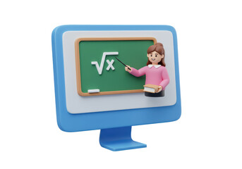 Isolated Online Math Lesson Concept with Teacher on Computer Screen and Chalkboard