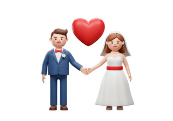 Isolated 3D Render of a Cartoon Bride and Groom Holding Hands with Red Heart