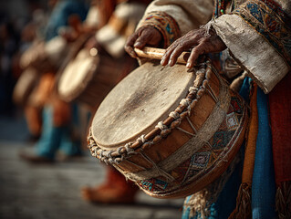 Close-up of traditional instruments being played during the parade - hands beating a tabal drum and blowing a dol&ccedil;aina. Focus on textures of worn wood and embroidered cuffs.