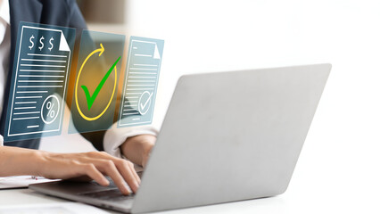 A business person using laptop with visual screen on Document Approval and Quality Assurance...