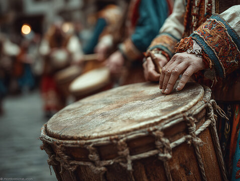 Close-up of traditional instruments being played during the parade - hands beating a tabal drum and blowing a dol&ccedil;aina. Focus on textures of worn wood and embroidered cuffs.
