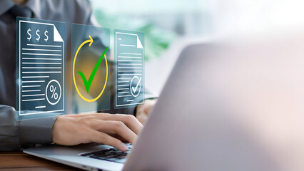 A business person using laptop with visual screen on Document Approval and Quality Assurance Process Concept.