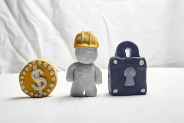 A yellow coin with dollar sign, a worker with a hard hat, and a black padlock, communicating workplace insurance, premium costs, and safety compliance, isolated on white background.
