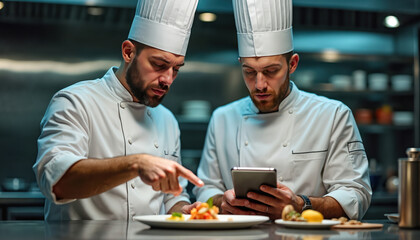 Two chefs collaborate using tablet in pro kitchen, discussing food preparation, potentially video blog. One chef points to screen examining dish. Both wear chef hats, uniforms, suggesting teamwork,