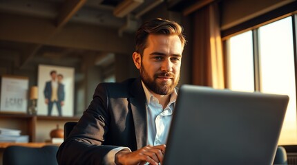 Fototapeta premium Businessman using a laptop while working late in his office