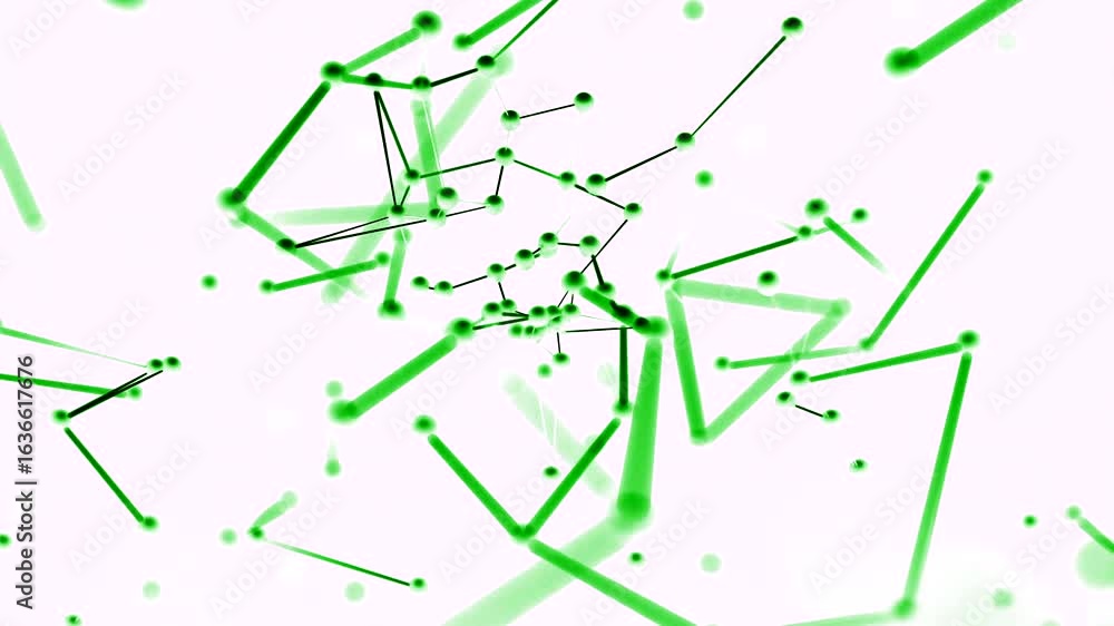 Poster abstract network of green lines and dots interconnected on a white background, suggesting connectivi