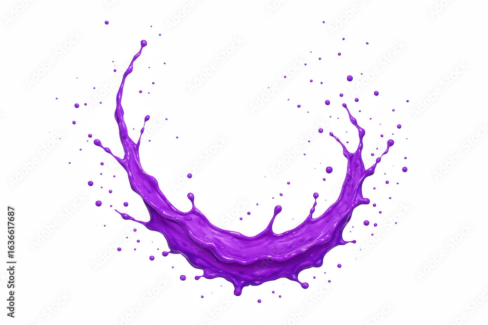 Poster dynamic violet liquid splash with droplets in a curved motion, evoking energy and fluidity