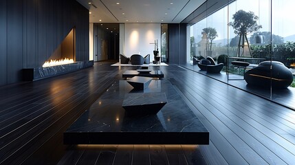 A modern interior with black marble floors fireplace and large windows overlooking a garden area