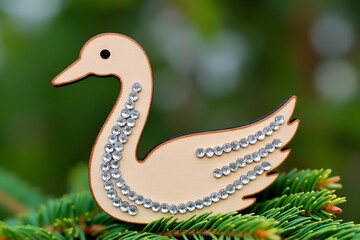 Obraz premium Wooden swan decoration with rhinestones on a pine branch