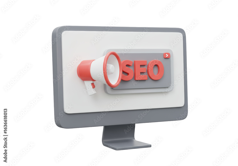 Poster isolated seo monitor with megaphone announcing search engine optimization