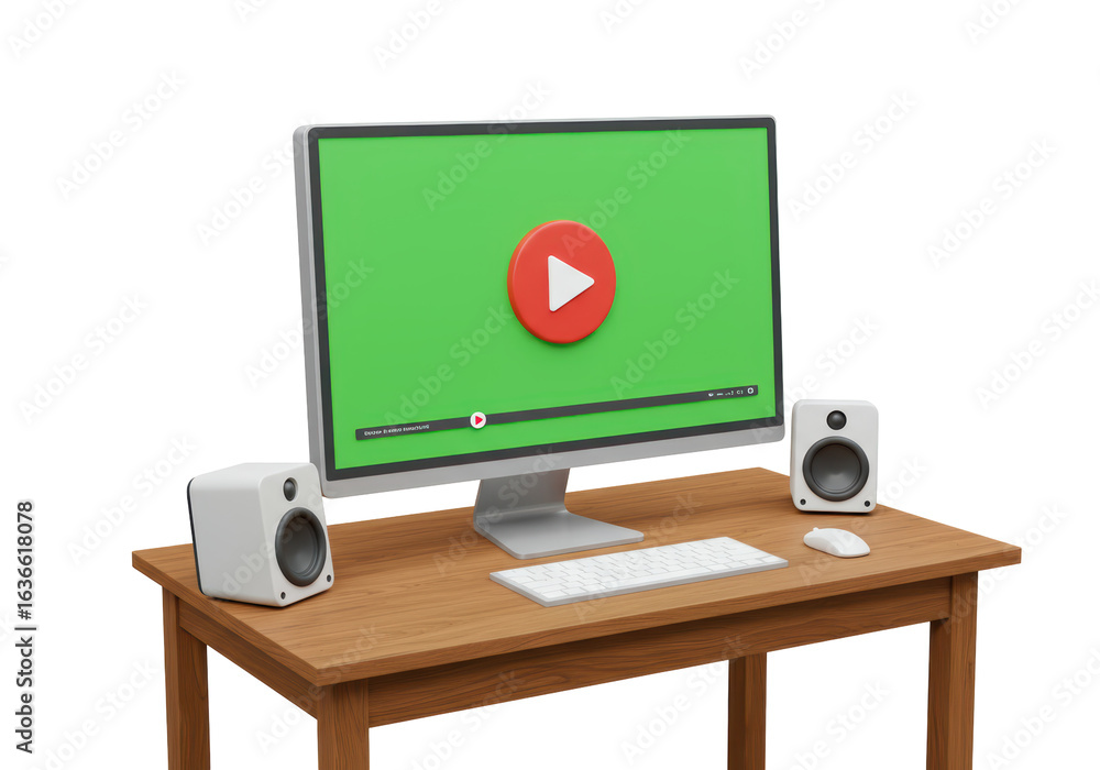 Aufkleber isolated desktop computer with play button on green screen and speakers
