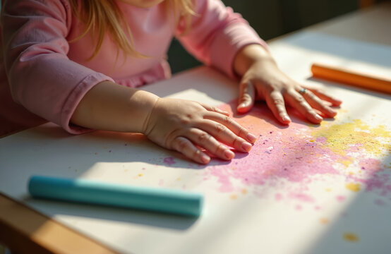 Unrecognizable young girl hands actively creating art with pastel chalk. She engages in creative activity at playgroup, smearing pink and yellow colors on paper. Sunlight casts shadows on table.