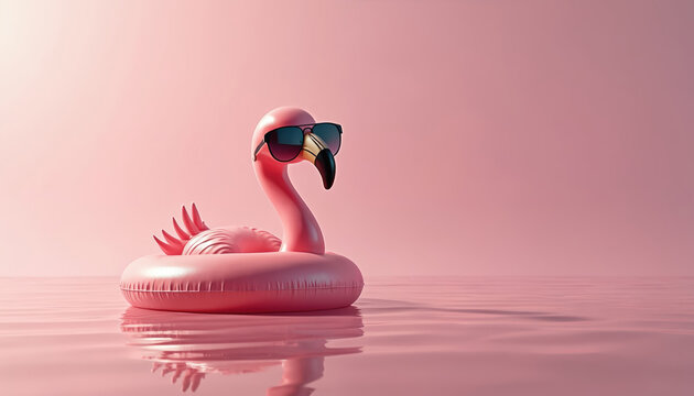 Pink flamingo wearing sunglasses floats on pink inflatable ring in calm water. Cute, stylish bird enjoys relaxing summer vacation. Pastel background with soft lighting enhances playful, carefree vibe.