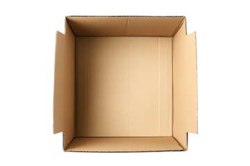 Empty cardboard box open top isolated on transparent background