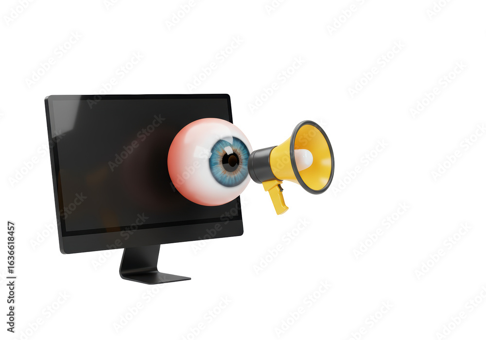 Poster isolated eye emerging from computer screen announcing through megaphone