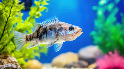 Fototapeta premium Vibrant fish swimming gracefully in colorful aquarium surrounded by lush green plants and decorative stones, creating serene underwater scene