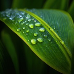 Water droplets on green leaf closeup