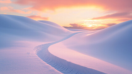 Serene Winter Landscape with Soft Snow and Warm Sunset Glow