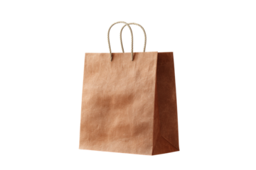Brown paper shopping bag with white handles isolated on transparent background