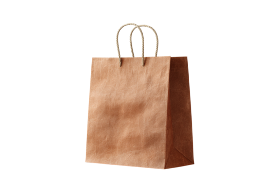 Brown paper shopping bag with white handles isolated on transparent background