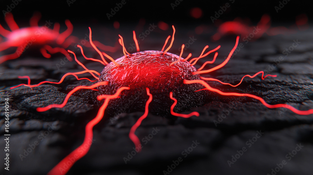 Poster close-up view of a microscopic red cell surrounded by intricate vibrant filaments on a dark textured