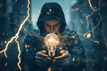 Man in Rainy Weather Holding Light Bulb Surrounded by Lightning