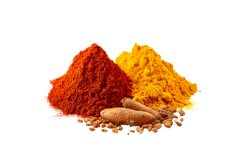 Turmeric and Chili Powder with Seeds Isolated on White Background