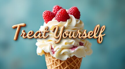 A delicious ice cream cone with whipped cream and raspberries, saying treat yourself