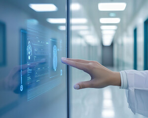 Touching Interactive Display in Modern Medical Facility Hallway