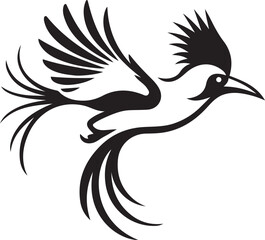 Bird with long tail feathers in flight vector, Black and white elegant bird silhouette