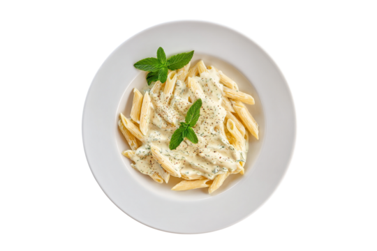 Delicious penne pasta with creamy white sauce isolated on transparent background