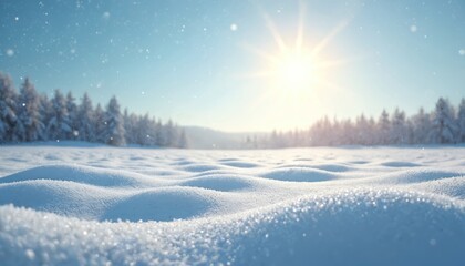Serene winter snowscape under bright sunlight. Pristine white field with soft snowdrifts, clear blue sky with falling snowflakes. Distant forest line with snow-covered trees. Peaceful, calm, tranquil