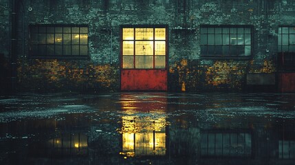 Red old factory gate under dim lighting