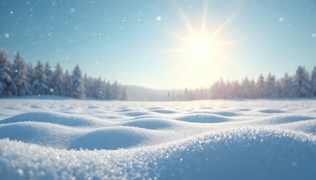 Serene winter snowscape under bright sunlight. Pristine white field with soft snowdrifts, clear blue sky with falling snowflakes. Distant forest line with snow-covered trees. Peaceful, calm, tranquil