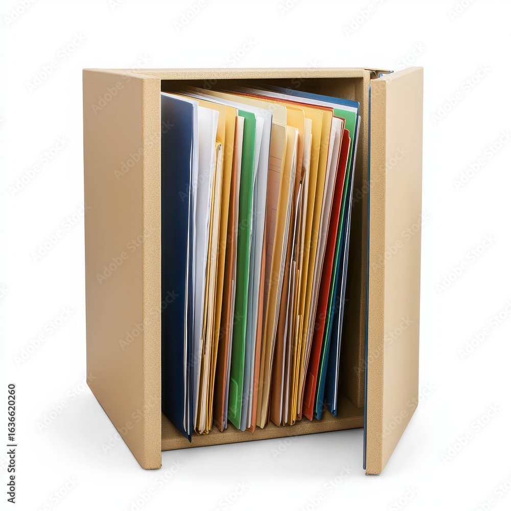 Poster organized storage solution for office documents with colorful folders in a neatly designed cabinet f