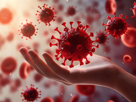 Human Hand Holding Virus Model Surrounded by Red Blood Cells - Powered by Adobe