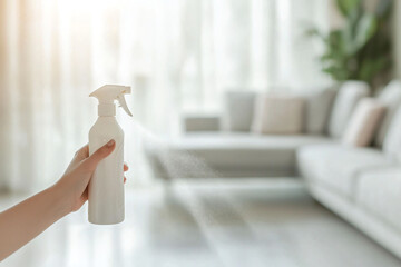 Hand Holding Spray Bottle for Home Cleaning in Bright Living Room