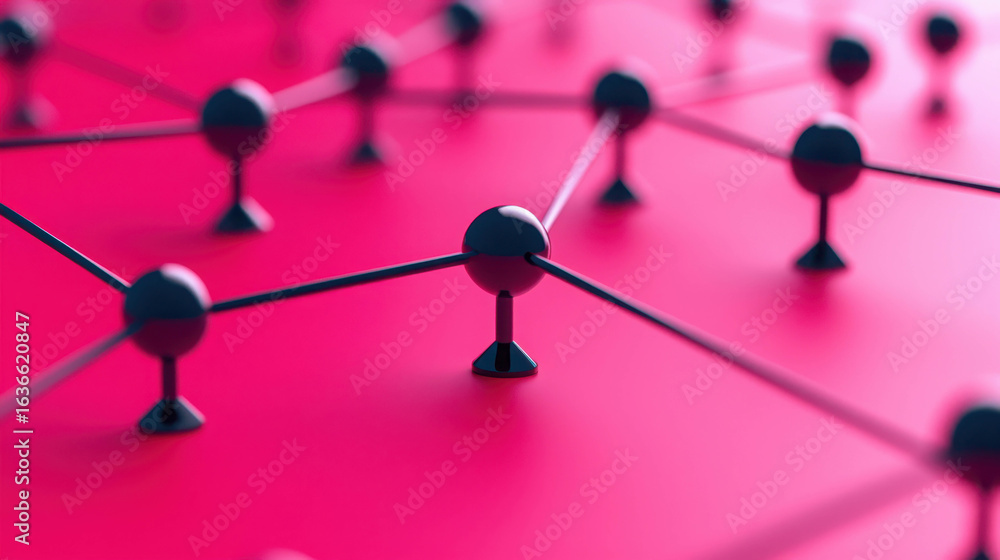 Poster abstract close-up view of molecular network with spheres and connecting lines on vibrant pink backgr