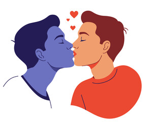 Fototapeta premium Two men kissing with love hearts in a colorful illustration 