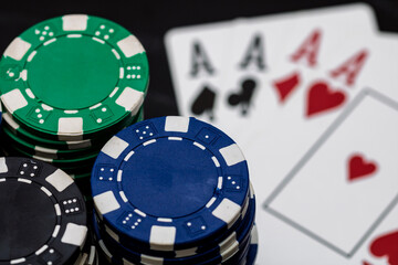 Casino chips and cards on the table. Gambling concept