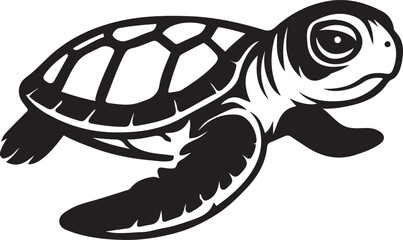 Baby sea turtle silhouette with detailed shell, Marine life black vector illustration