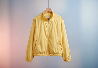 A modern yellow zip-up windbreaker jacket hanging on a wooden hanger against a blurred colorful background.