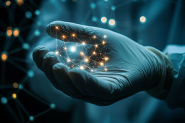 Gloved Hand Holding a 3D Network of Connected Nodes and Lines