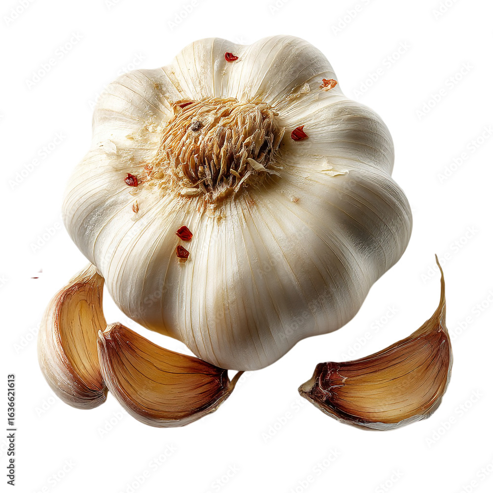 Poster a close up of a whole garlic bulb and three cloves isolated on black background isolated on transpar