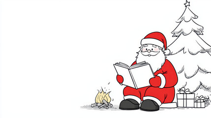Cozy Santa reading book by fire, surrounded by Christmas tree and gifts, evokes warm holiday spirit