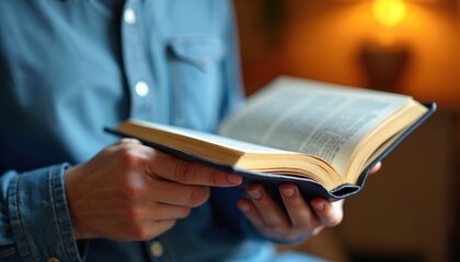 Person reads open book in cozy indoor setting. Blond person in casual blue denim shirt holds aged book, turning pages. Warm light. Focus on focused reader, learning, literature, hobby.